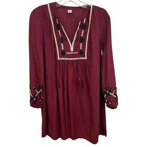 Old Navy Embroidered Tunic Dress Long Sleeve Casual‎ Maroon XS